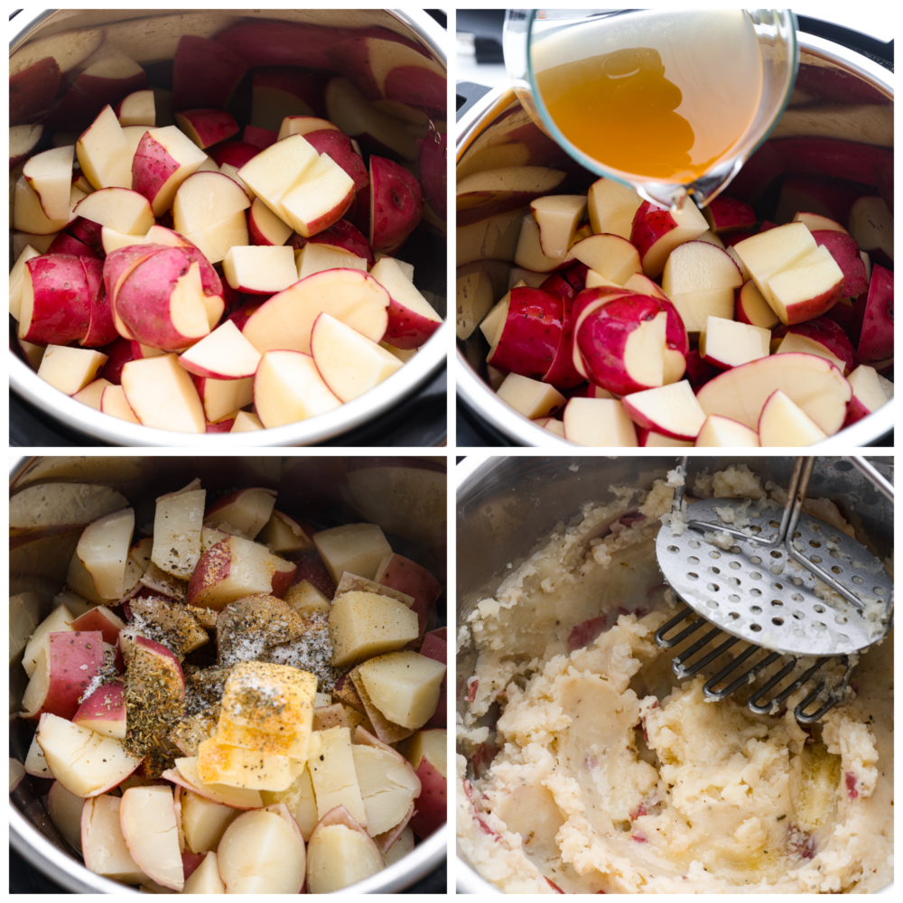 Collage di 4 foto di patate tritate aggiunte a una pentola istantanea con brodo di pollo e condimenti vari.  Vengono poi schiacciati fino a renderli lisci.