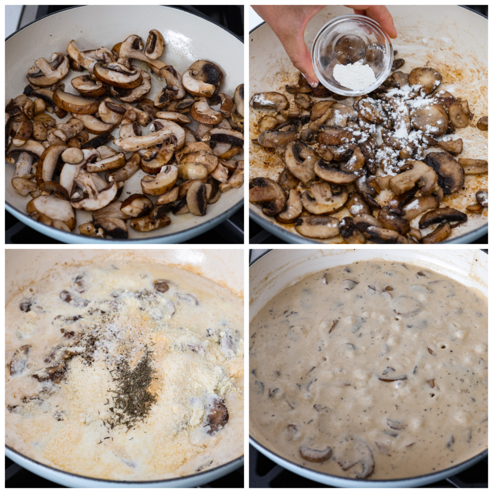 Mushrooms being sautéed in butter, then made into a roux and combined with the other sauce ingredients.
