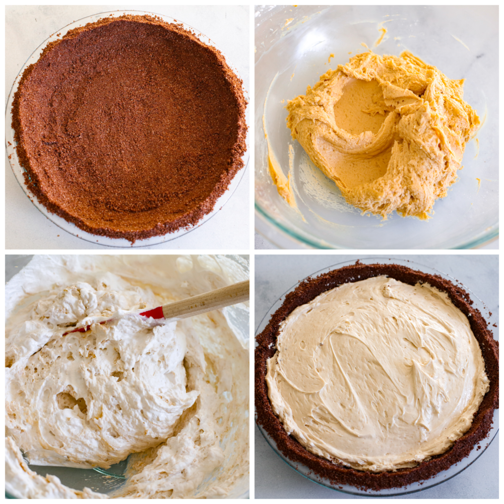 Collage di 4 foto del ripieno della torta in preparazione.