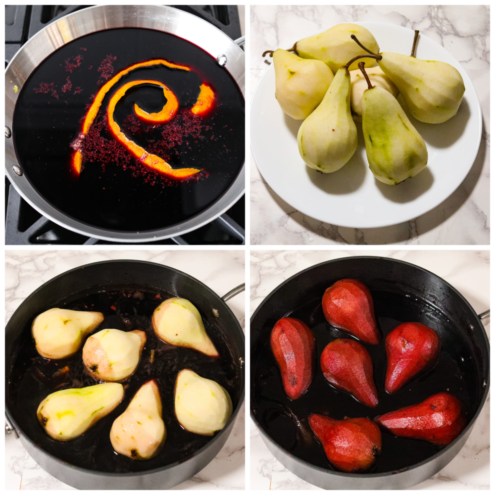Process photos showing the sauce being heated over the stove in a pan, a plate full of peeled pears, the pears in the sauce in the pan, and the pears fully poached in the pan.
