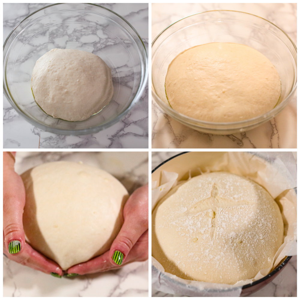 First photo is the dough mixed and placed in a bowl to rise. Second photo of the dough that has risen. Third photo of the dough being shaped into a round loaf. Fourth photo of the raised round dough in a enamel pot lined with parchment paper.  The loaf is scored and sprinkled with flour.