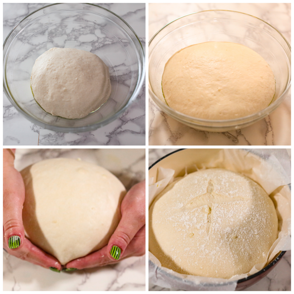 First photo is the dough mixed and placed in a bowl to rise. Second photo of the dough that has risen. Third photo of the dough being shaped into a round loaf. Fourth photo of the raised round dough in a enamel pot lined with parchment paper. The loaf is scored and sprinkled with flour.