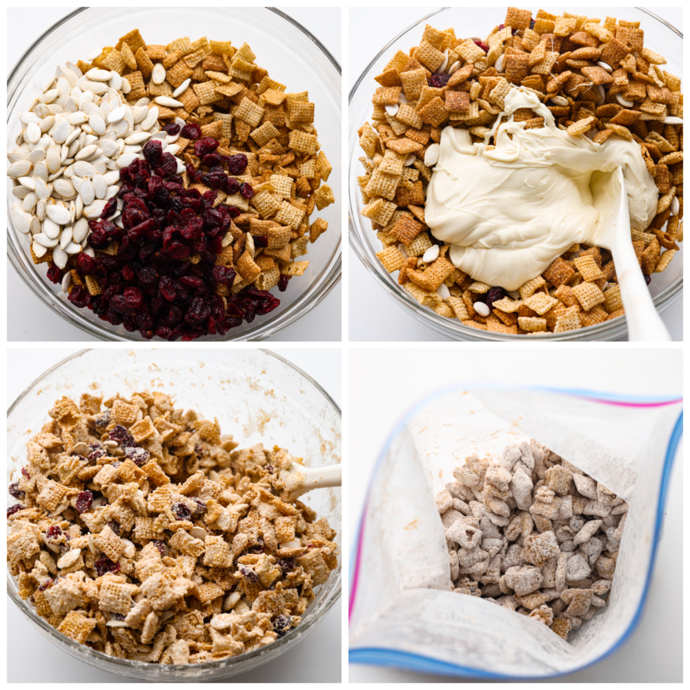 Collage di 4 foto di Chex Mix, cioccolato, spezie di zucca, noci, mirtilli rossi e zucchero a velo mescolati insieme in un sacchetto con chiusura lampo.
