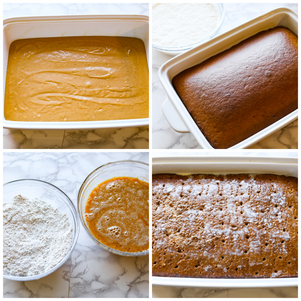 4-photo collage of pumpkin cake being prepared.