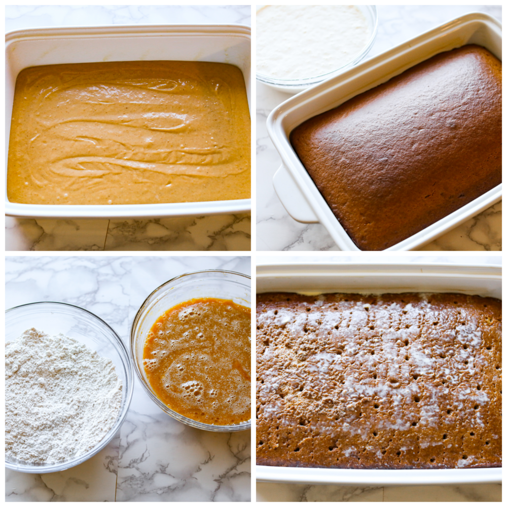 4-photo collage of pumpkin cake being prepared.