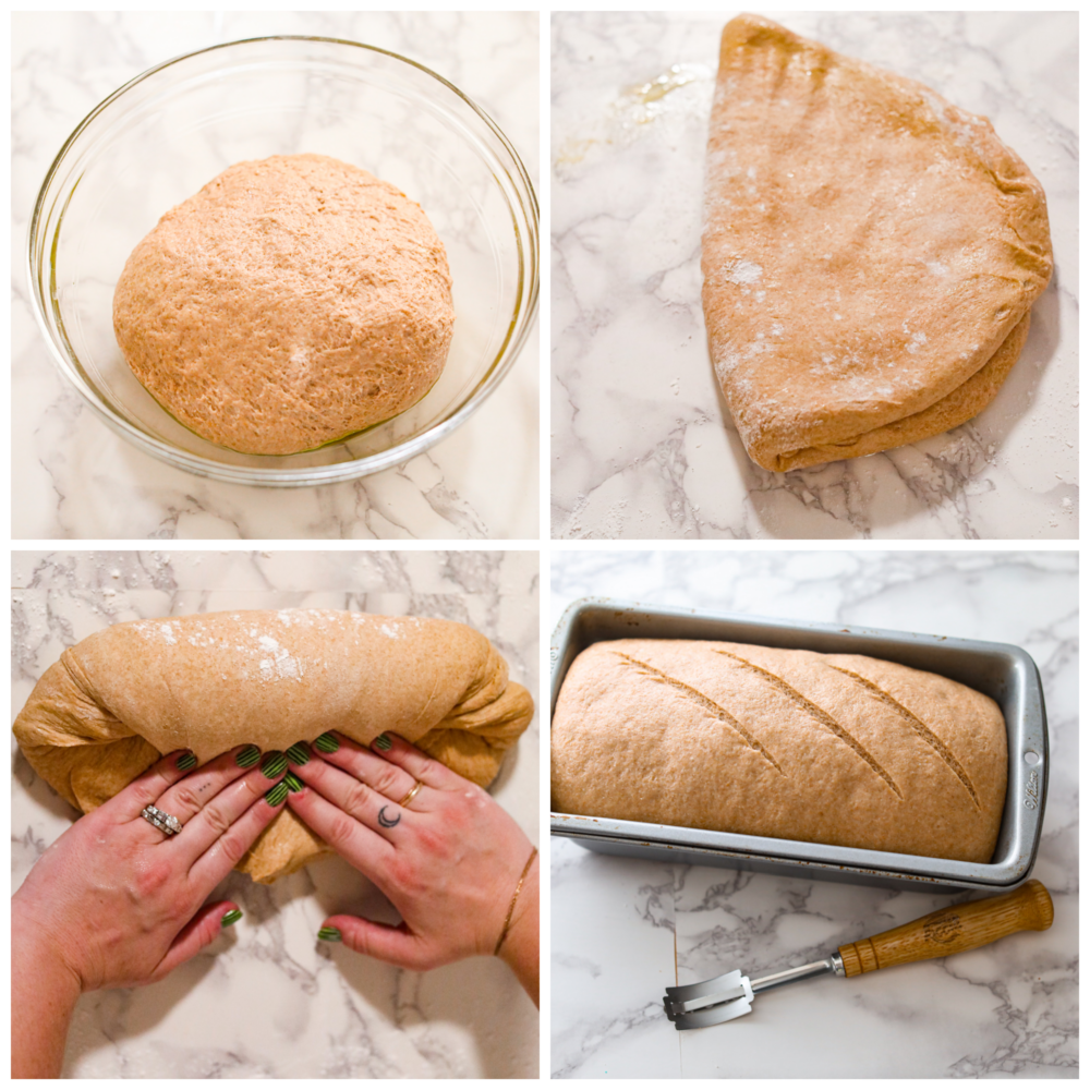 Process photos showing dough rising in a bowl, dough folded in half, dough being kneaded by hands, and dough risen and scored in a bread pan.