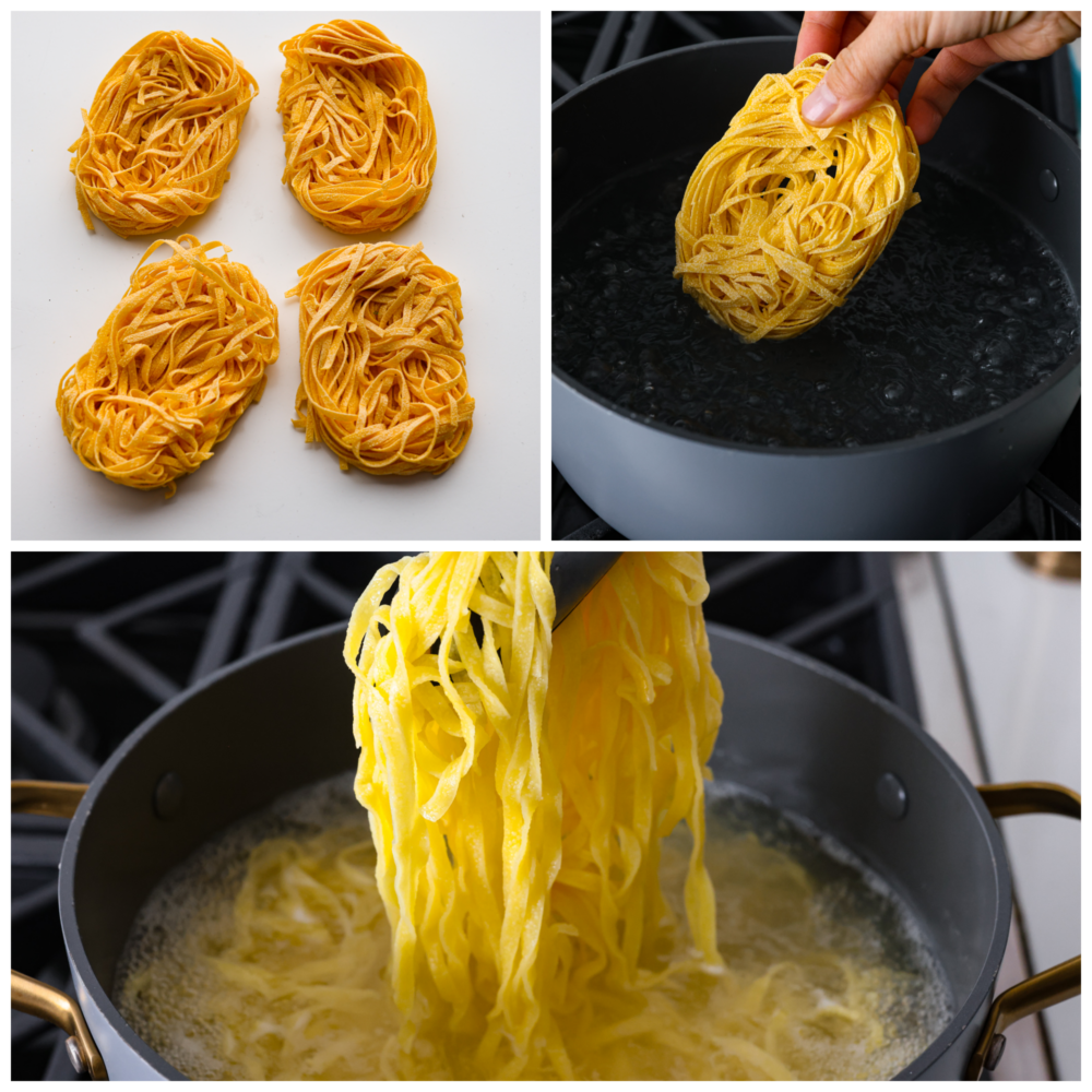 3 photo collage of tagliatelle pasta being cooked.