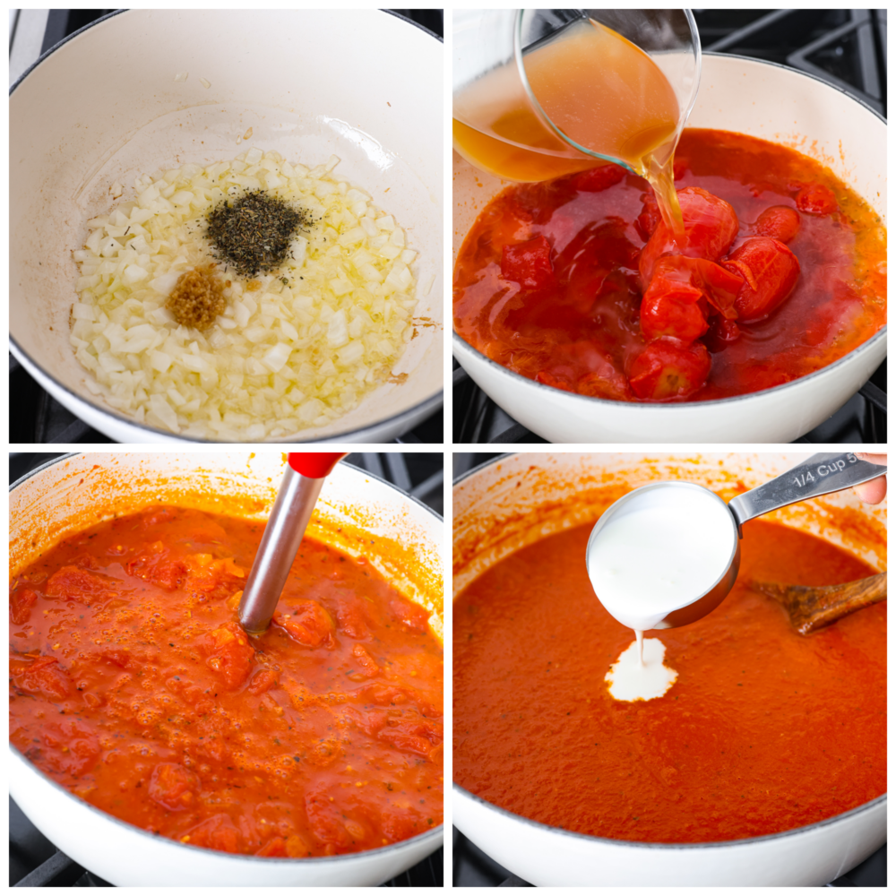 Collage di 4 foto di zuppa di pomodoro in preparazione.