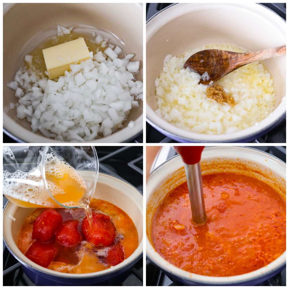 Process photos showing onions and butter in a pan, then garlic being added to it with a wooden spoon, then the tomatoes and broth are added, and the whole thing is blended with a boat motor.