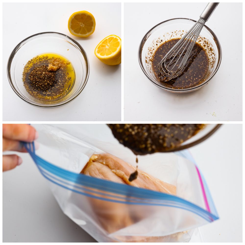 Process photos showing seasonings added to a glass bowl with olive oil, that mixture whisked, and then added to a plastic bag with the chicken in it.