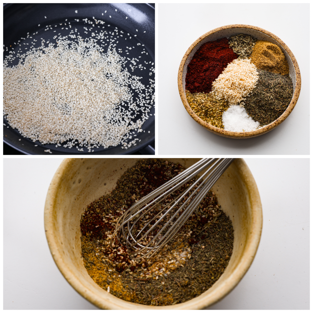 Process photos showing sesame being toasted in a pan, the seasonings in a bowl before being mixed, and the final mix with a whisk in the bowl.