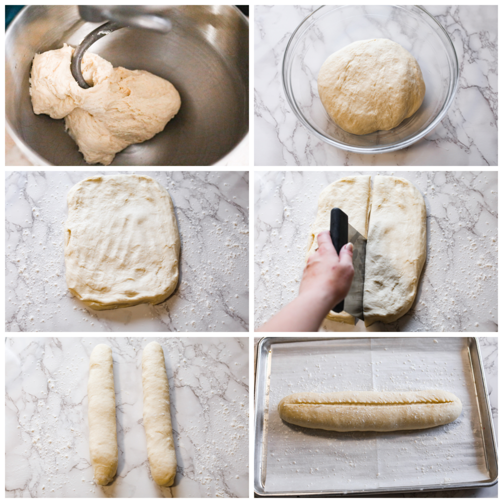 Process photos showing the dough in a mixer, dough in a glass bowl, the dough spread out and divided, then shaped into two loaves and scored.