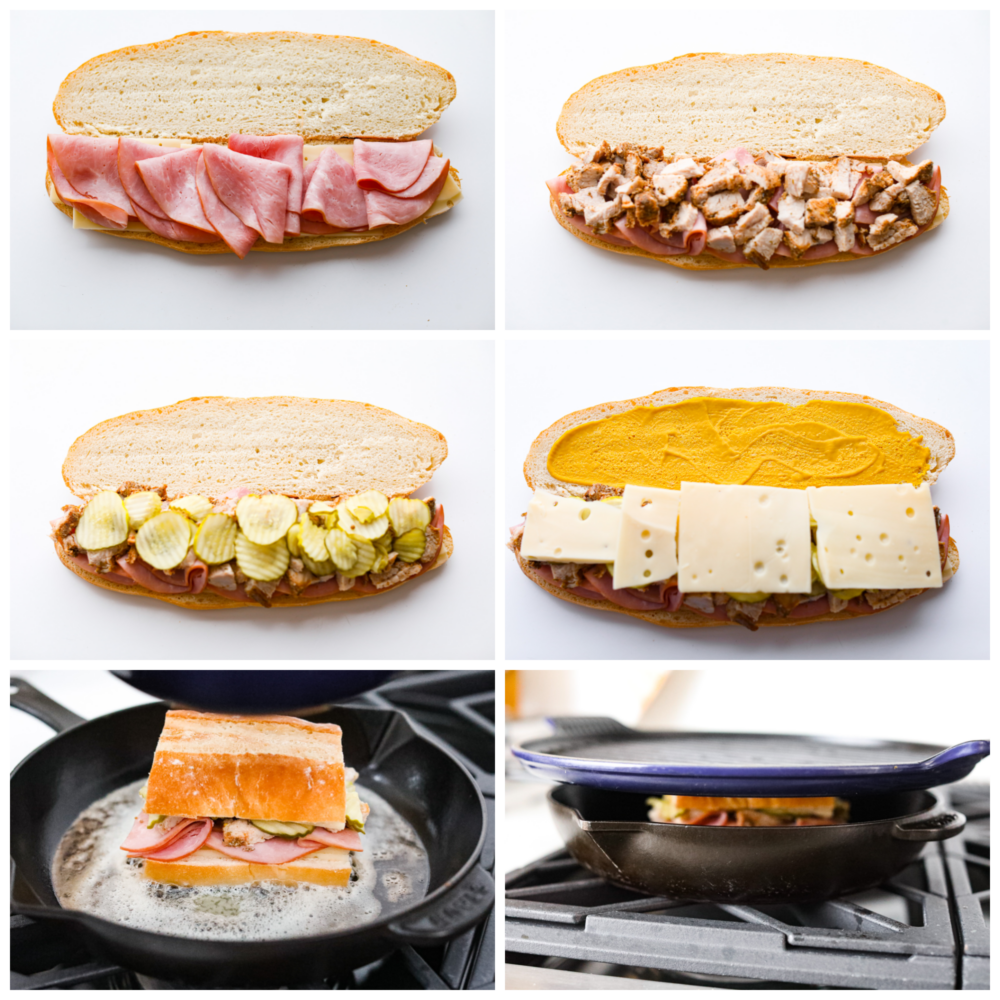 6 pictures showing how to put together a Cuban sandwich. 