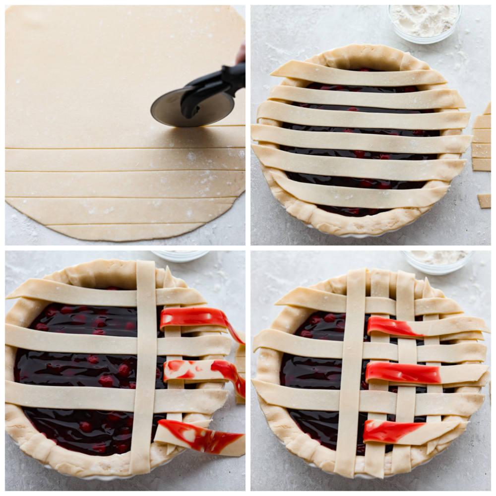 Process photos showing how to weave a pie crust into a lattice on top of a cherry pie.