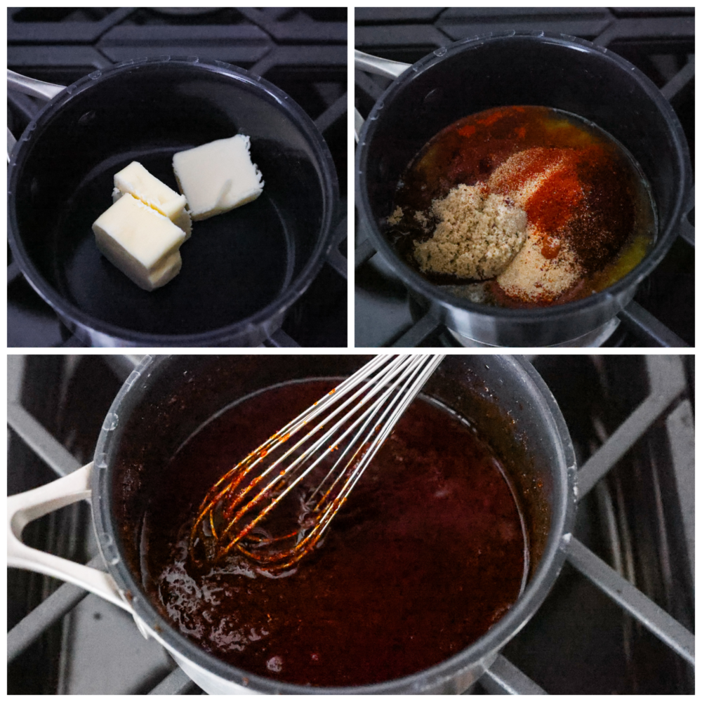 Collage of sauce ingredients being mixed and cooked together.