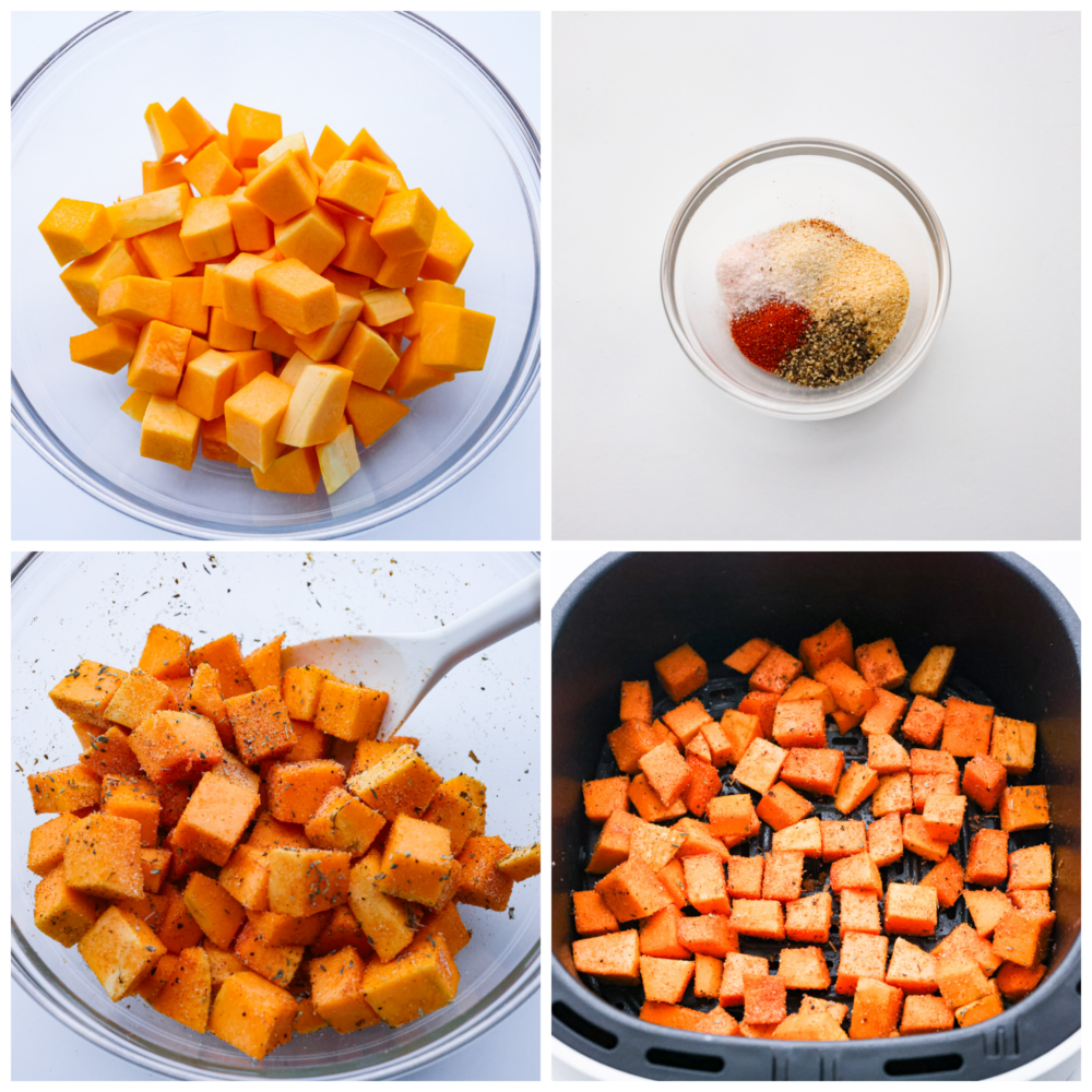 First photo of cubed squash in a large clear bowl. Second photo of spices in a small bowl. Third photo of squash mixed with spices. Fourth photo of seasoned squash layered in the air fryer.