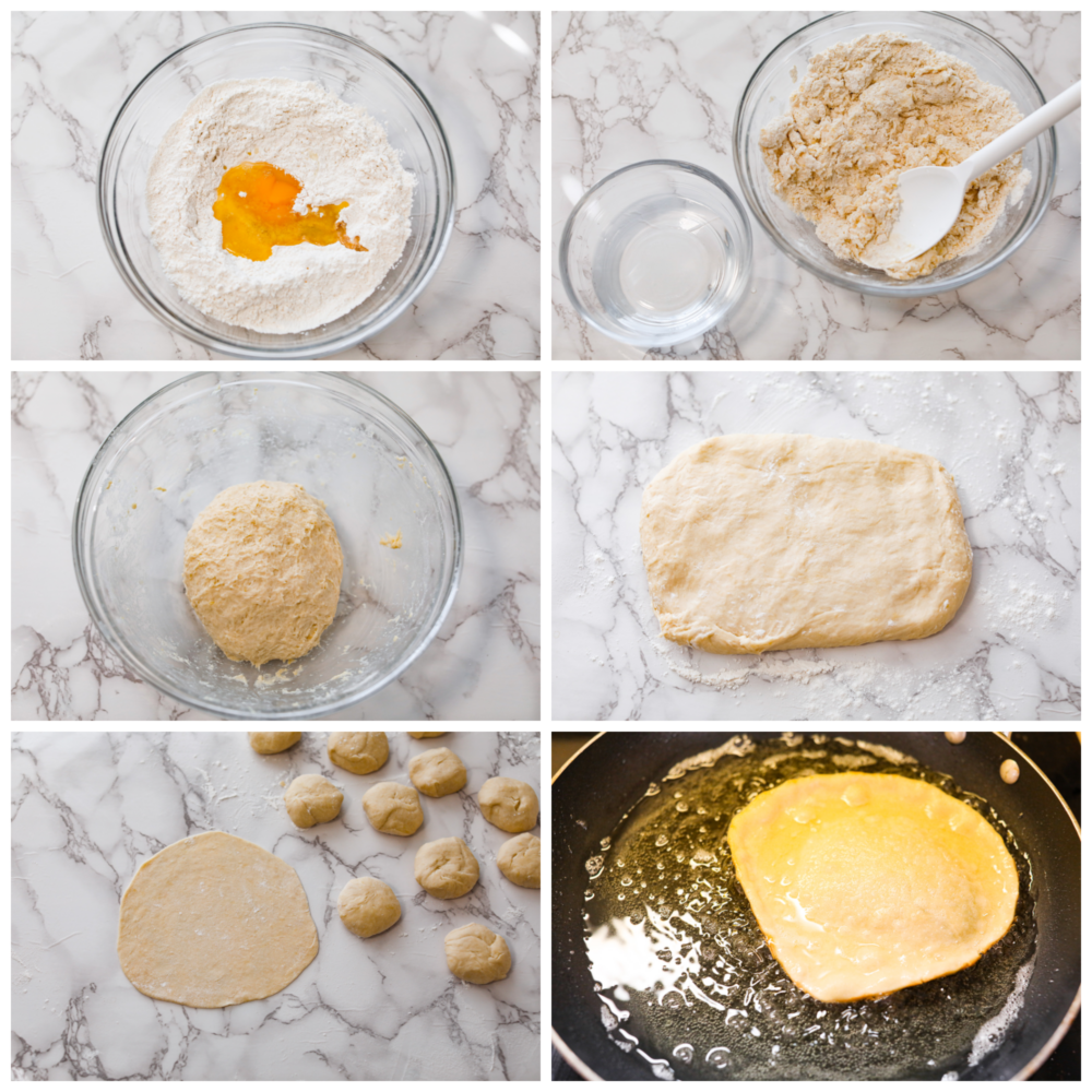 6-photo collage of dough being prepared and fried.