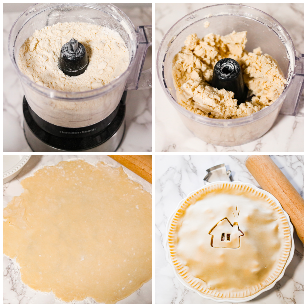 Process photos showing the ingredients being pulsed in a food processor, then rolled out and pressed into a pie pan with a double crust and the cut out of a house.