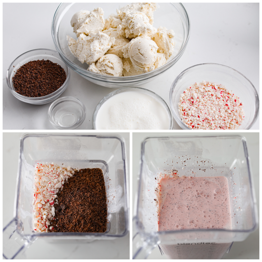 3-photo collage of ingredients being added to a blender.