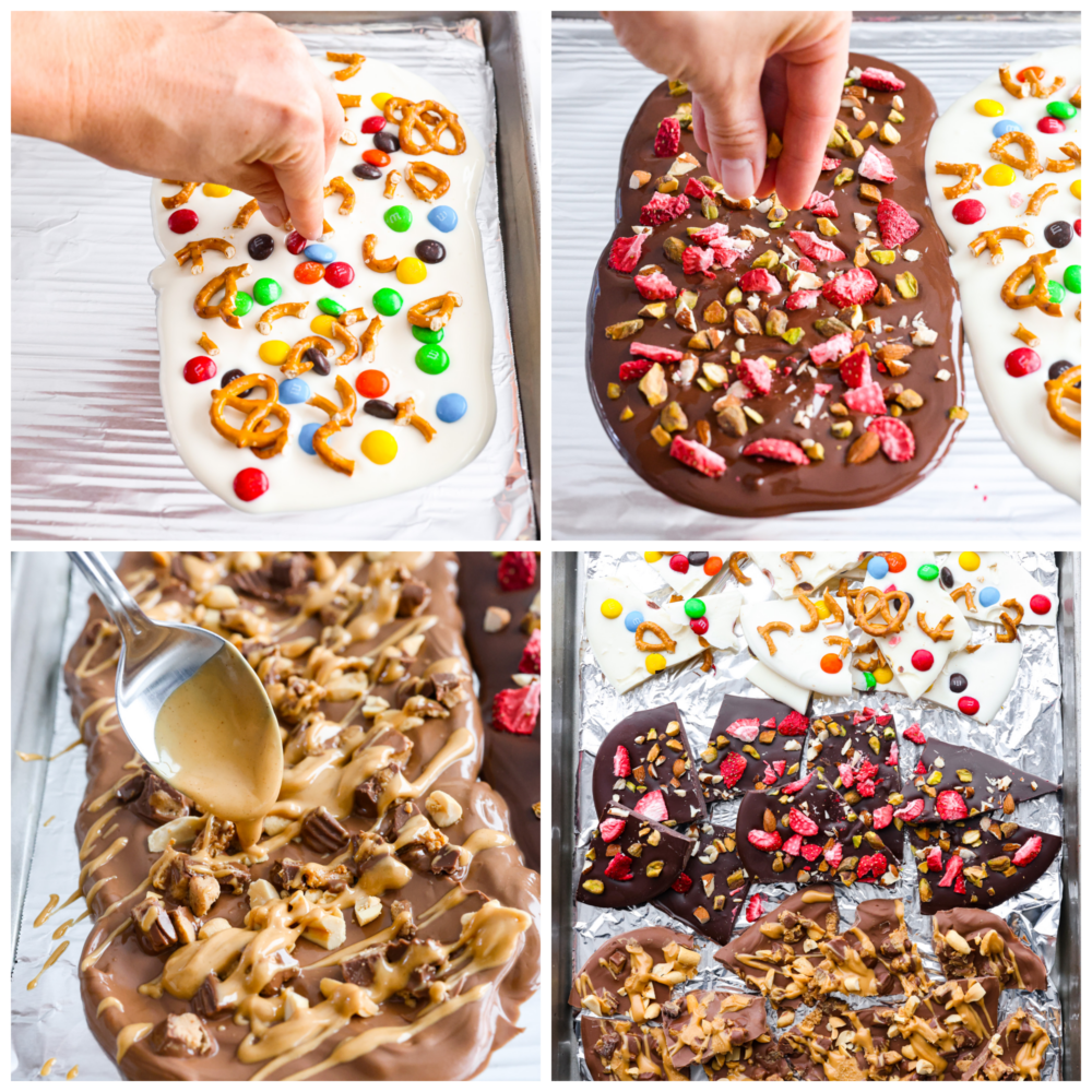 4 pictures showing how to add toppings to melted chocolate. 