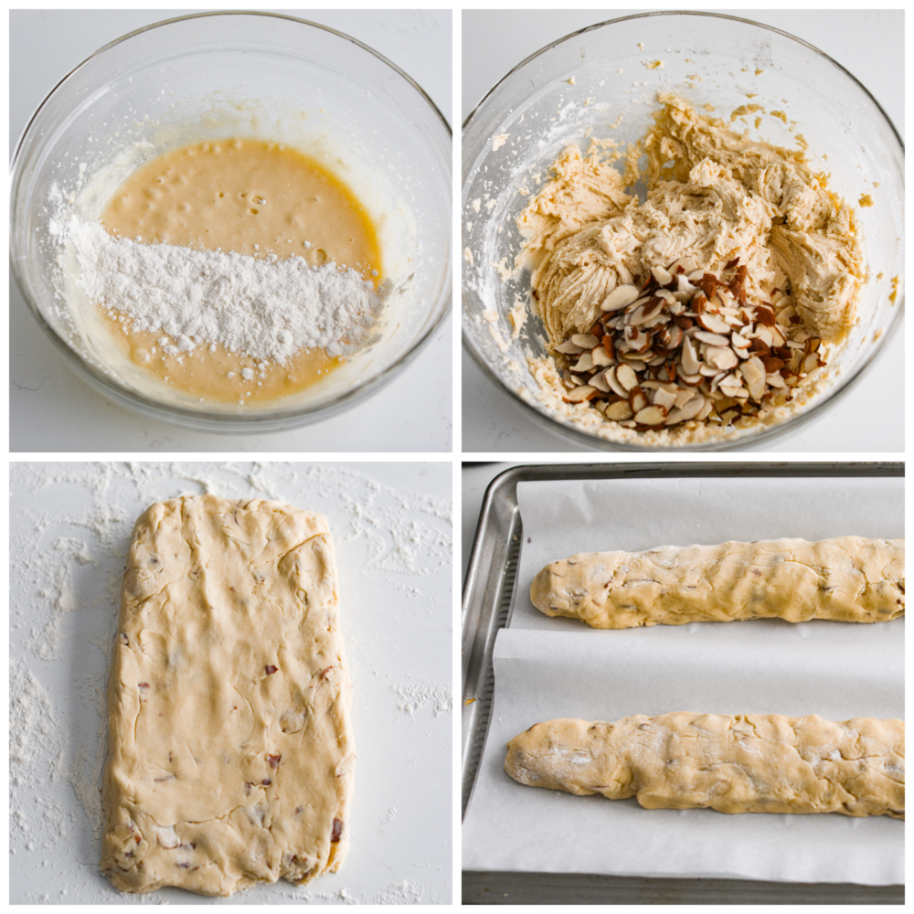 Process photos showing the dough being made in a glass bowl, then shaped on a floured counter and put on parchment on a baking sheet.