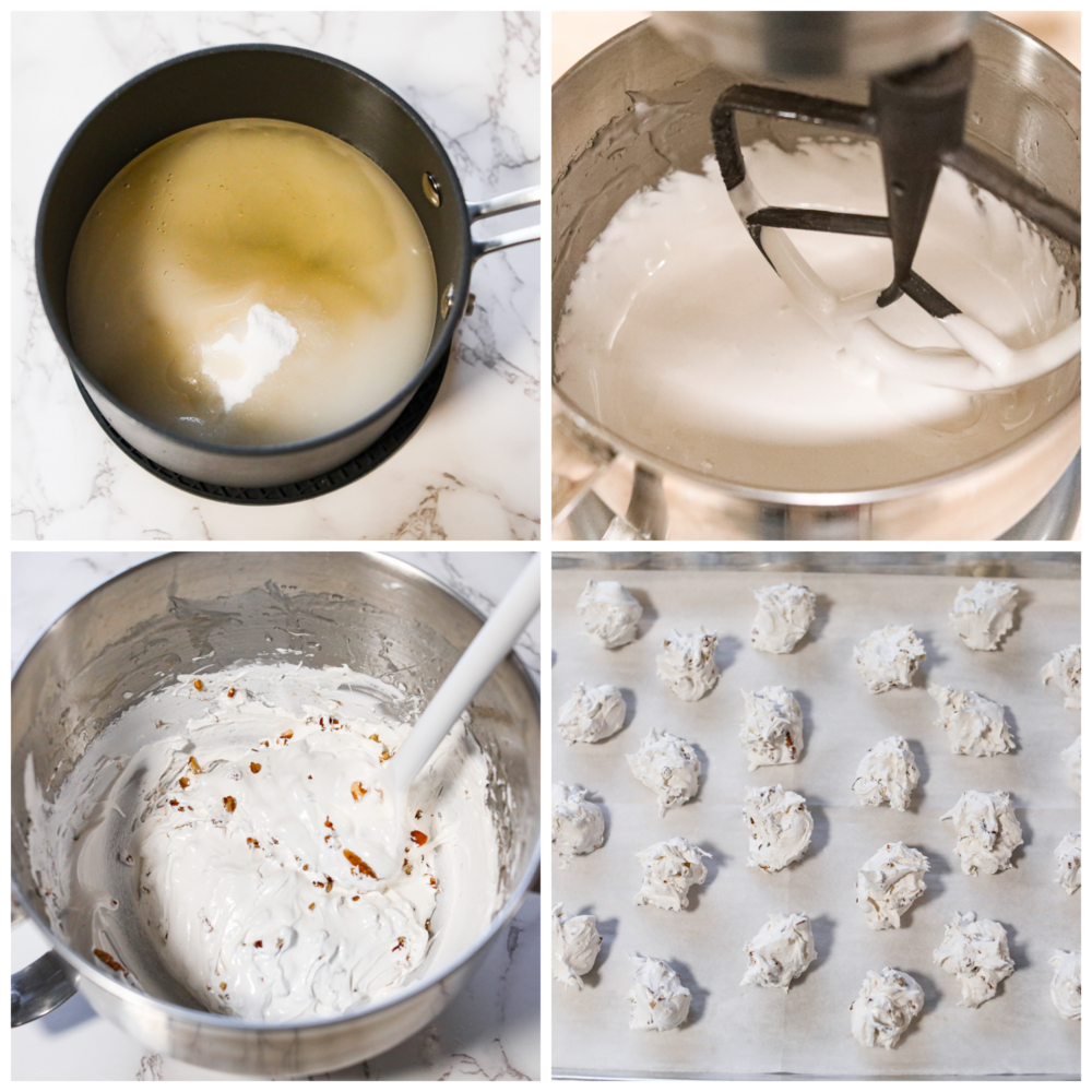 First photo is the ingredients in a saucepan. Second photo is the egg whites being whipped in the stand mixer. Third photo is the pecans added to the divinity batter. Fourth photo is the drops of divinity candy on a baking sheet pan. 