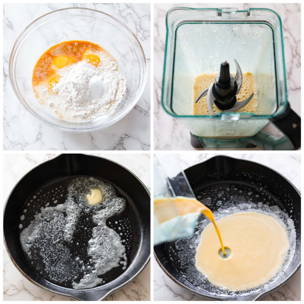 4 photo collage of frying pan and batter being prepared.