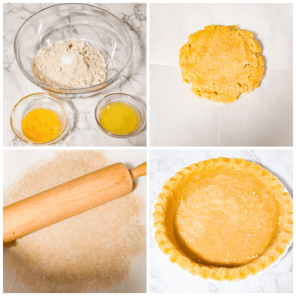 4-photo collage of pie dough ingredients being mixed together, rolled out, and added to a pie dish.