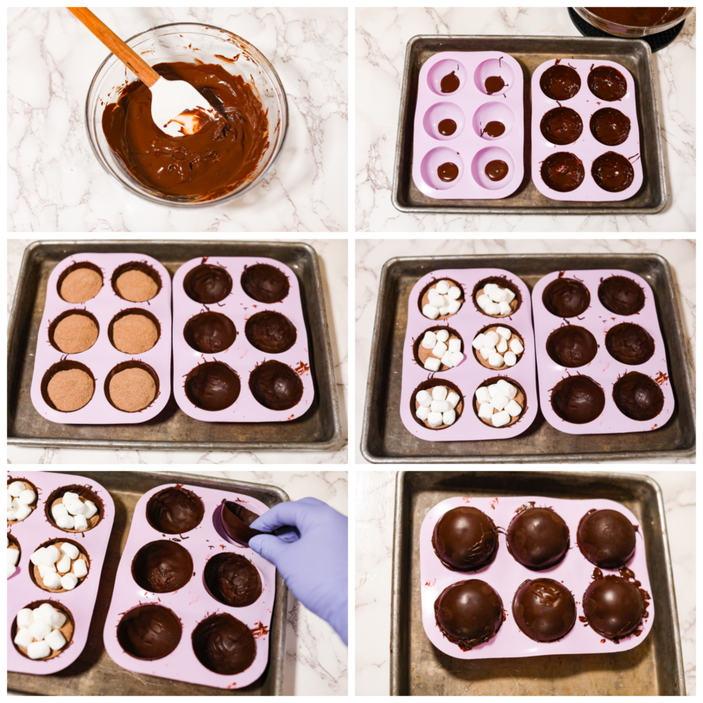 6-photo collage of hot cocoa bombs being prepared.
