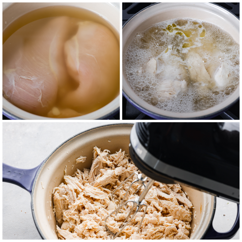 First process photo is the chicken broth and chicken breasts added to a a pot.  Second process photo is the chicken boiling. Third process photo is the chicken being shredded with a hand mixer.