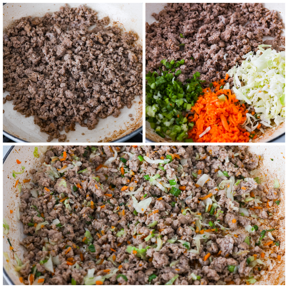First photo of cooked ground pork in a pan. Second photo of onions, carrots, and cabbage added to the meat. Third photo of the meat mixture in a pan.