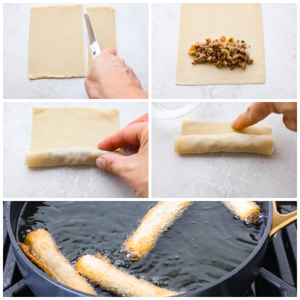 First process photo of assembling lumpia by cutting the egg roll wrapper to a rectangular size. Second photo of meat added to the wrapper. Third photo of rolling the lumpia. Fourth photo of adding water to the edge to seal the wrapper. The fifth photo is a photo of lumpia frying.