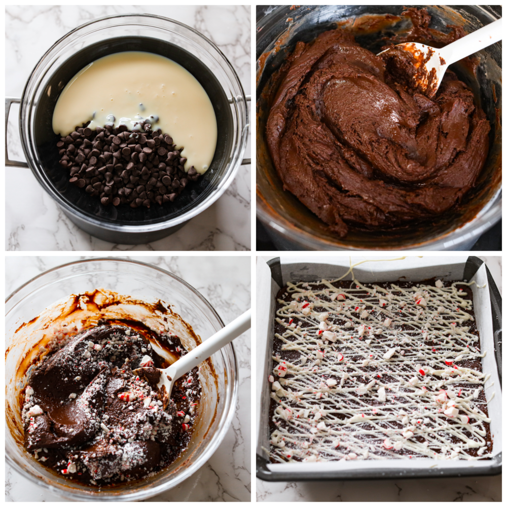 Process photos showing the ingredients being melted and combined in a double boiler, and then poured out into a pan and topped with white chocolate and peppermint pieces.