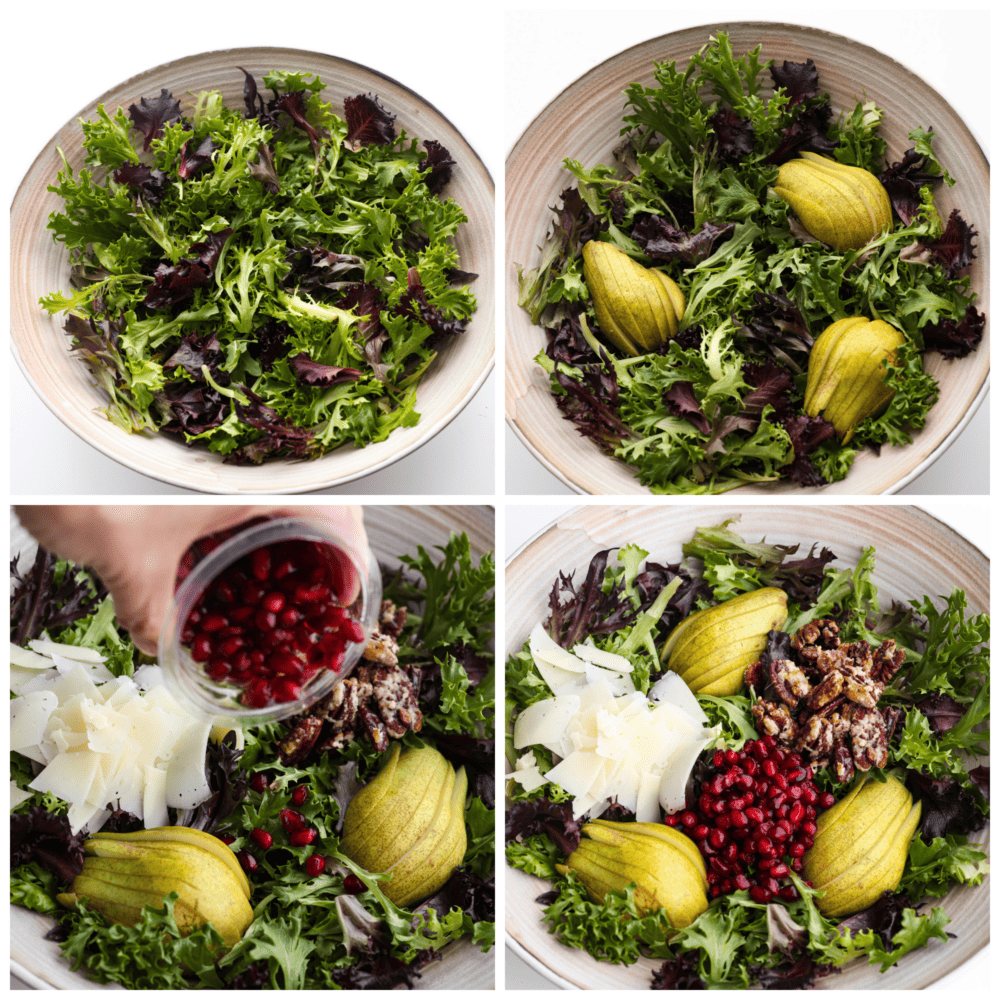 4 fotografije koje pokazuju kako dodati sastojke salati od nara. 