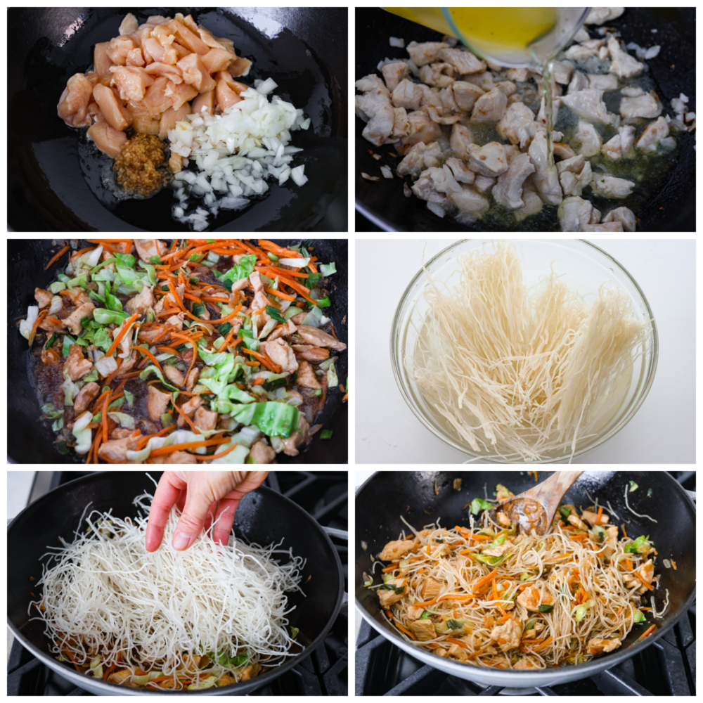 First photo is the chicken, garlic, and onion cooking in the wok. Second photo is the bullion mixture being poured into the wok. Third photo is the veggies added to the work. Fourth photo is the pancit noodles softening in a bowl of water. Fifth photo are the pancit noodles being added to the wok. Sixth photo is pancit noodles mixed together in the wok.