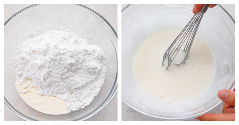 Powdered sugar in a glass container with milk and vanilla extract, and then all mixed together.
