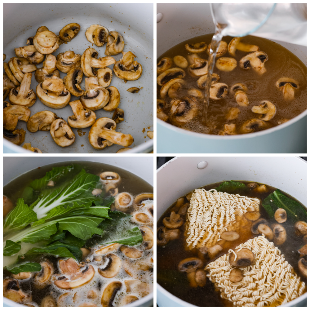 4-photo collage of ramen broth being prepared.