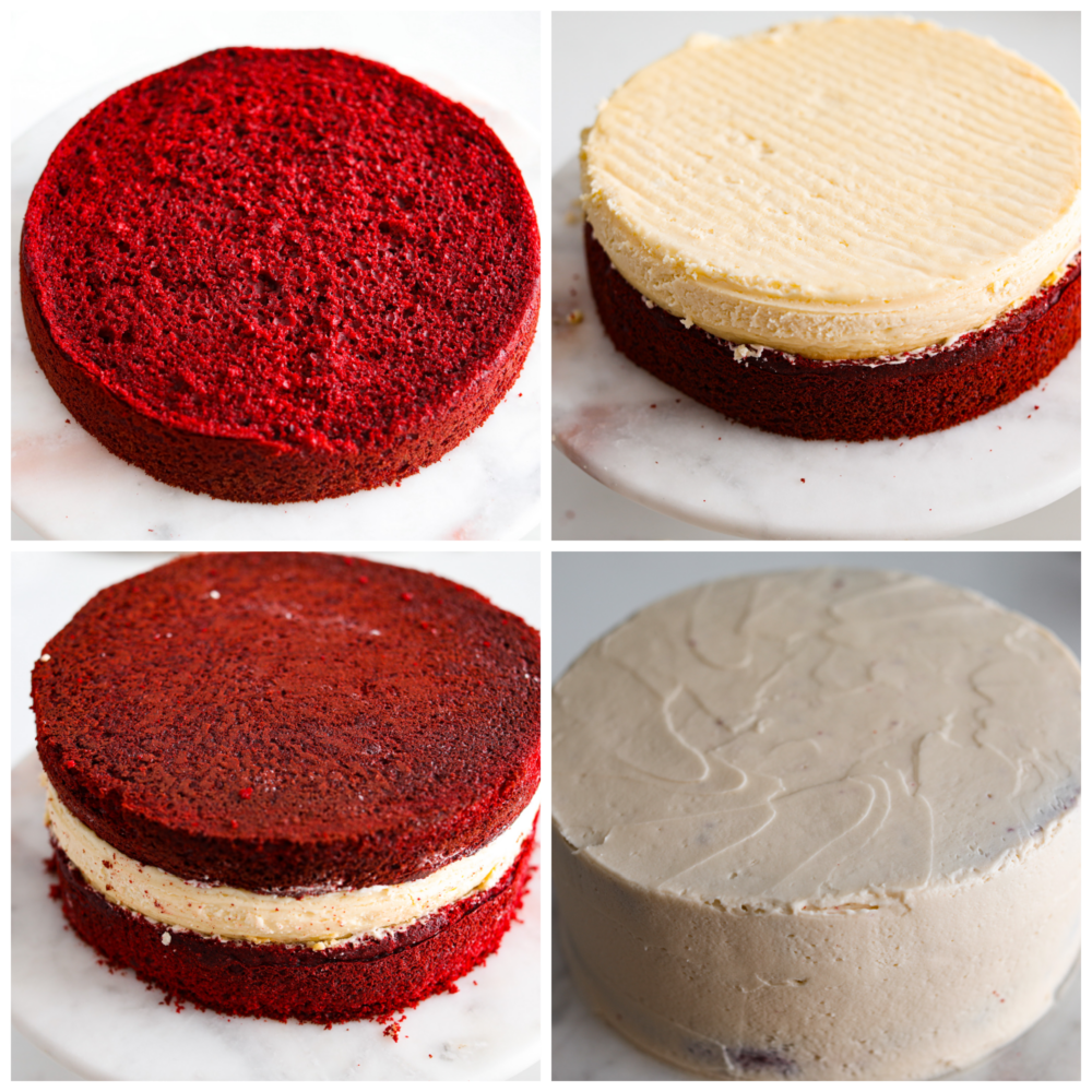 4-photo collage of red velvet cheesecake being assembled and frosted.