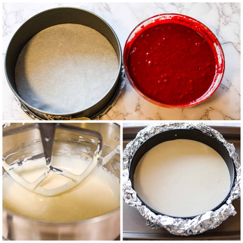3-photo collage of cake batter and cheesecake being prepared.