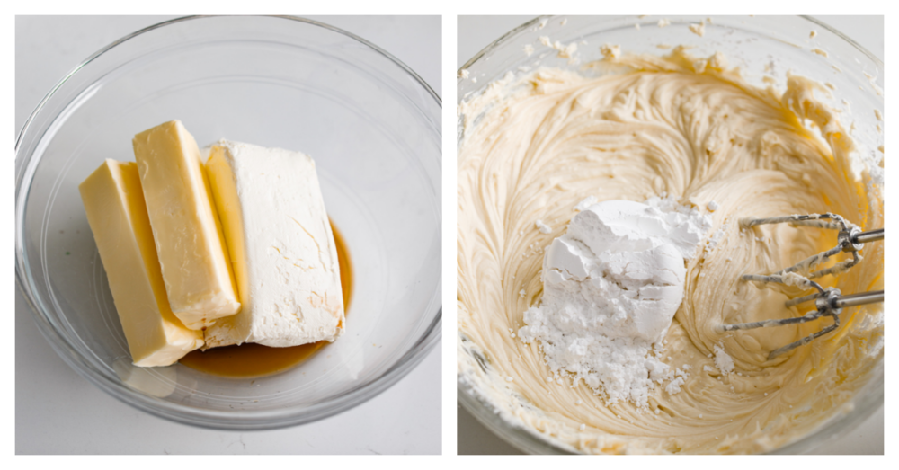 2-photo collage of cream cheese frosting being prepared.