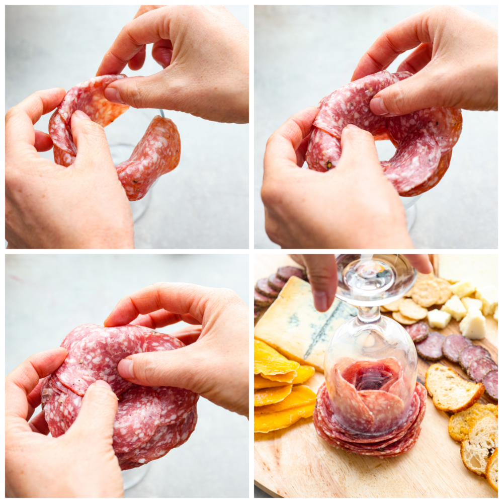 A step by step visual explanation of how to put together a salami rose using a wine glass.