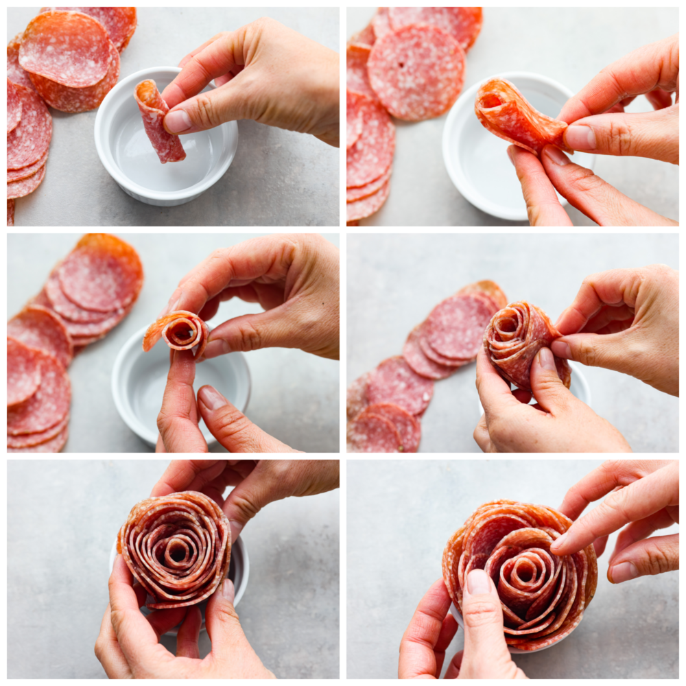 Process photos showing the step by step process of how to put together a salami rose without a glass and putting them in a small bowl at the end.