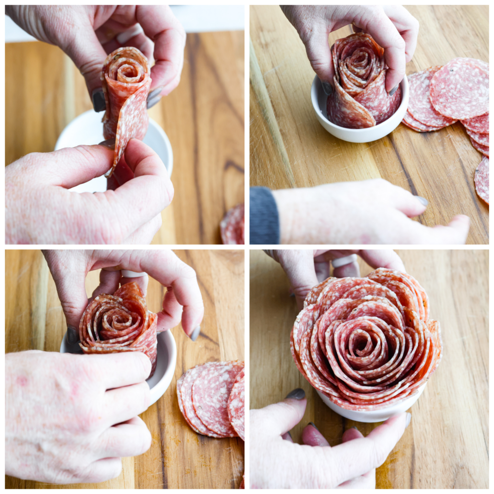 First photo of how to make a salami rose starting in the middle and layering salami to build a rose. Second photo of placing the salami rose in the middle of the bowl. Third photo placing more salami on the rose to fill in the bowl. Fourth photo is fanning out the salami petals to resemble a rose on the charcuterie board.