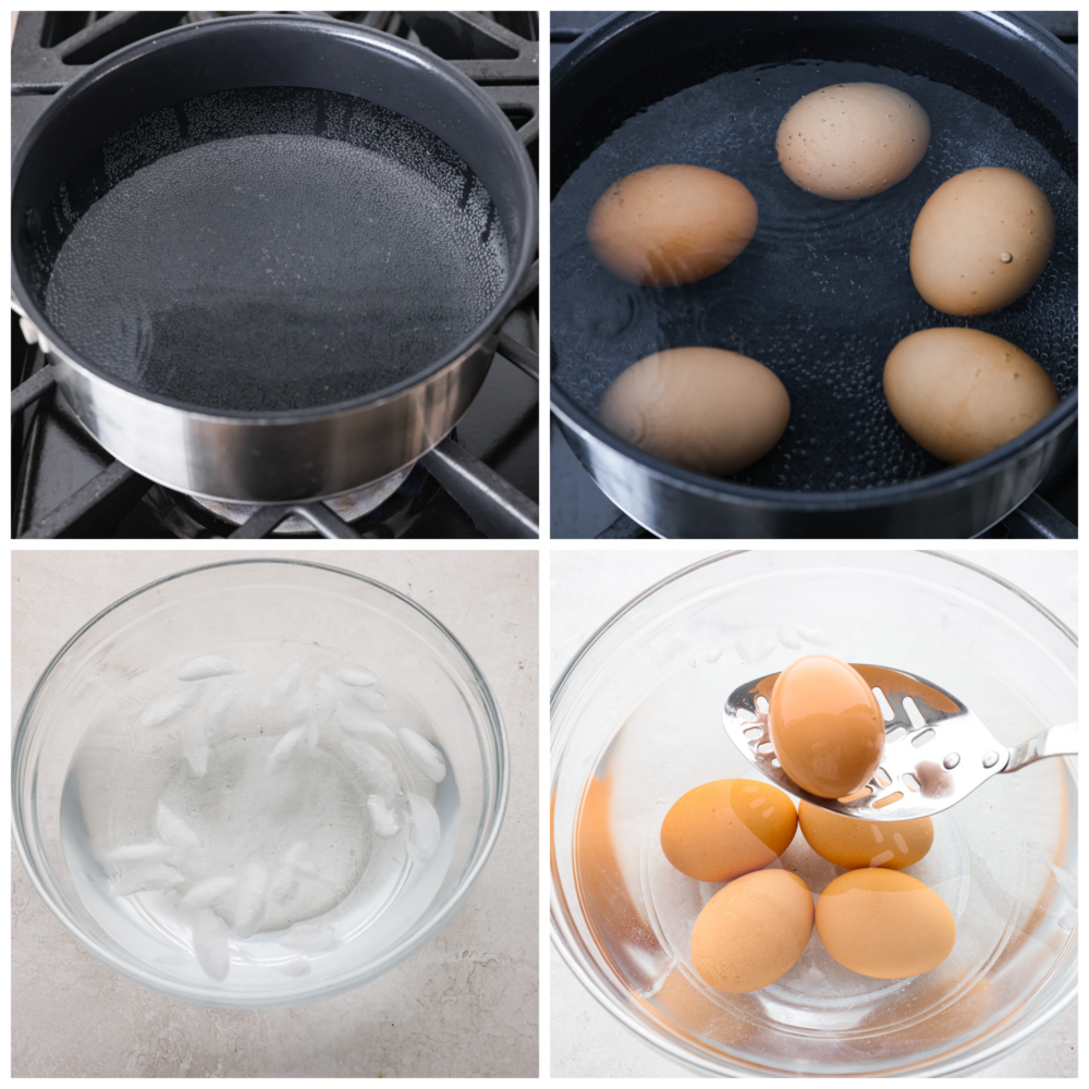 Process photos showing water in a pot, then eggs added to the water, a bowl full of ice water, and the eggs added to the ice water.