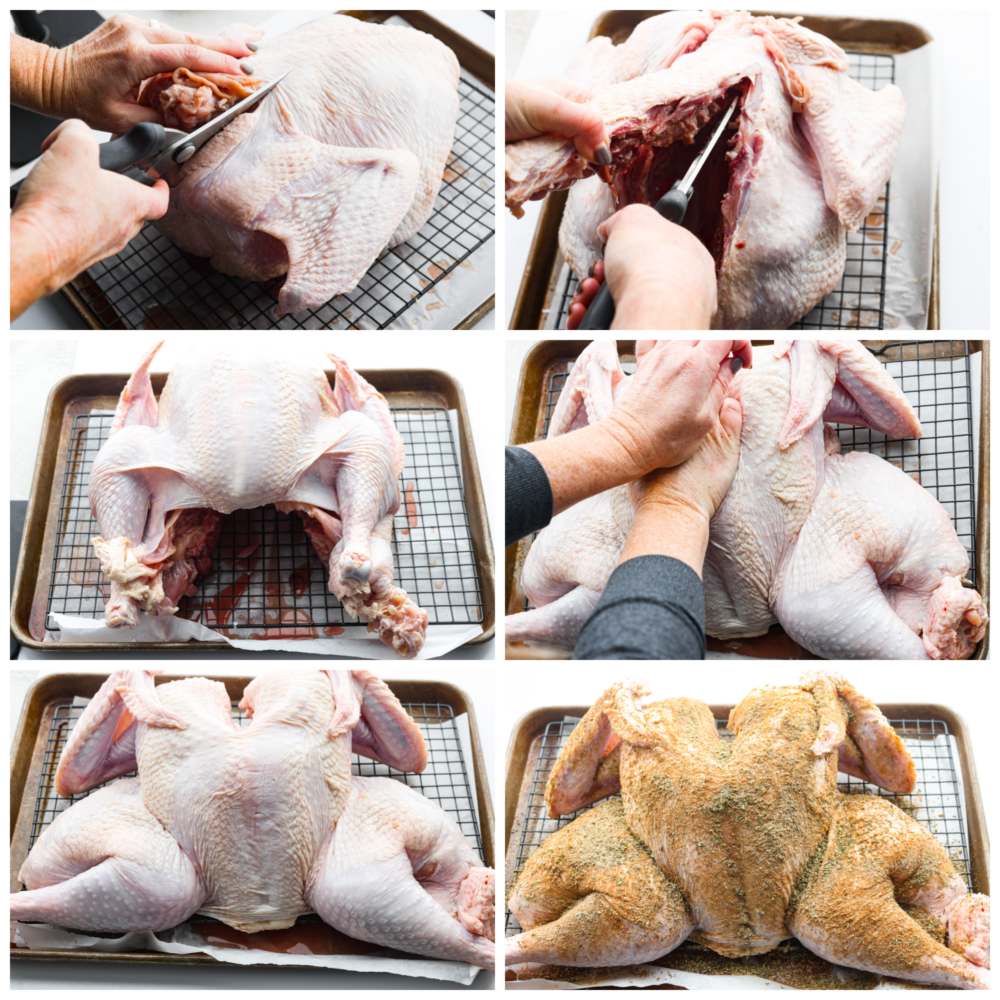 Images showing the process of how to spatchcock a turkey.