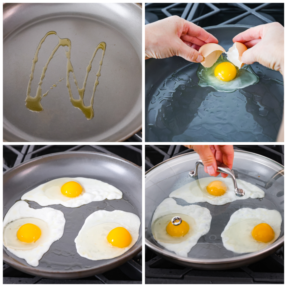 Process photos showing oil heating up in a pan, then eggs added, them cooked and being covered.