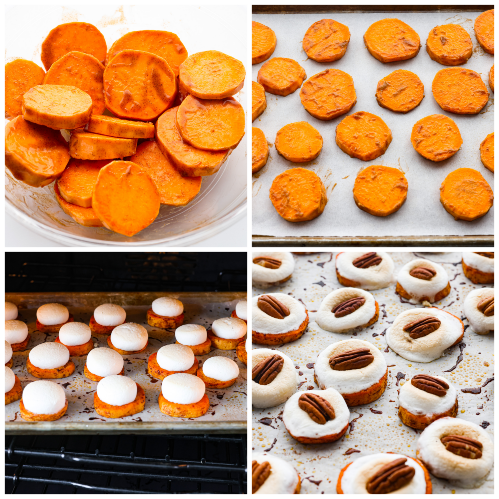 First photo of potato slices in a large bowl tossed with the butter mixture. Second photo of the potato slices on the prepared baking sheet pan. Third photo of the marshmallows broiling on top of the potato slices. Fourth photo of finished sweet potato bites on the baking sheet pan.