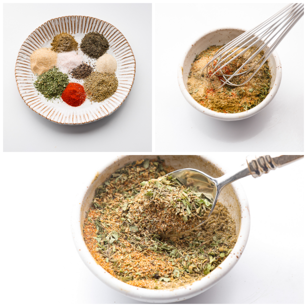 First process photo is the dried herbs and seasonings on a plate. Second photo is the ingredients in a bowl being whisked together. Third photo is a close up view of a spoon lifting out a spoonful of seasoning.