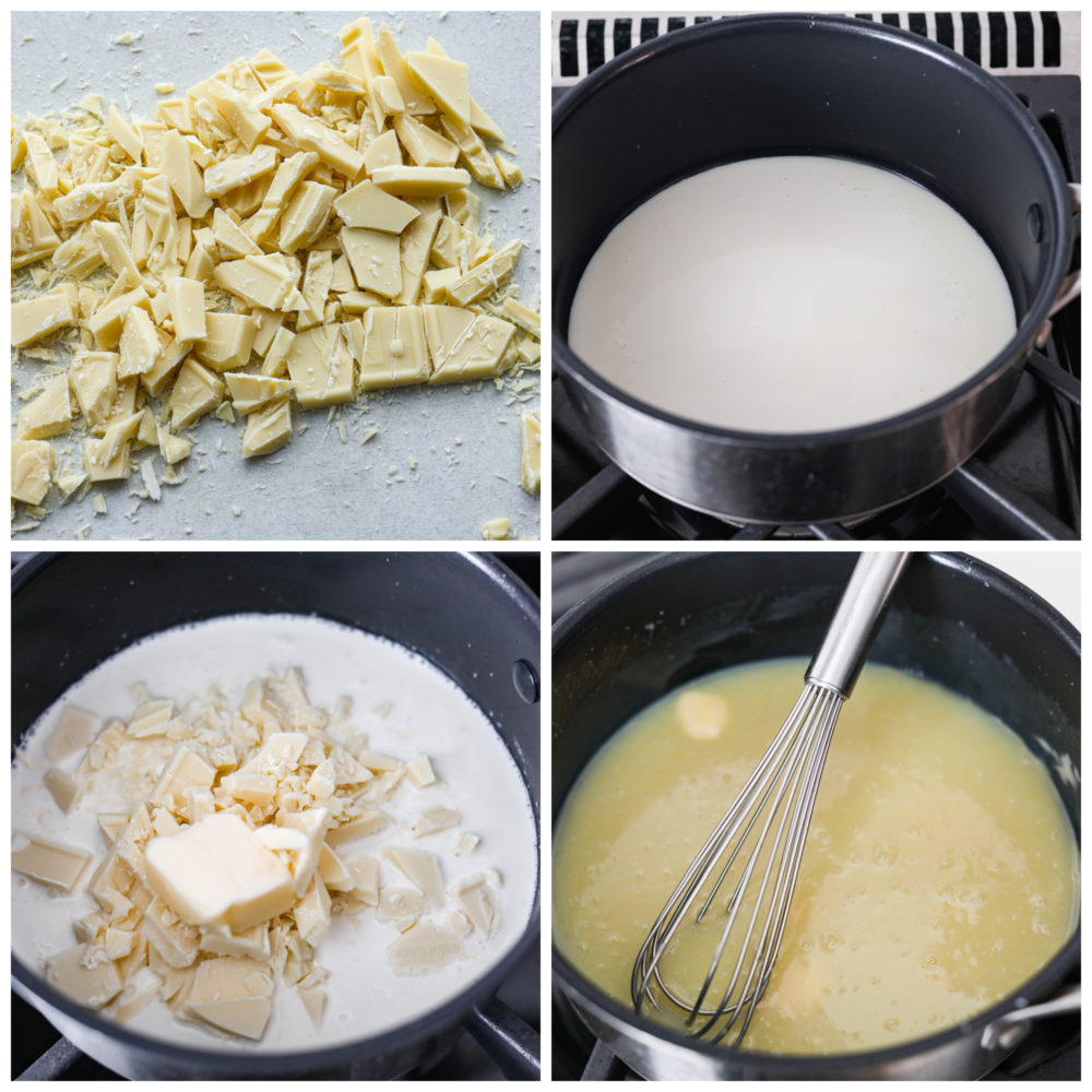 Process photos showing chopped white chocolate, half and half heating in a pan, then the chocolate and butter being added, and then the finished product in the pan with a whisk resting in it.