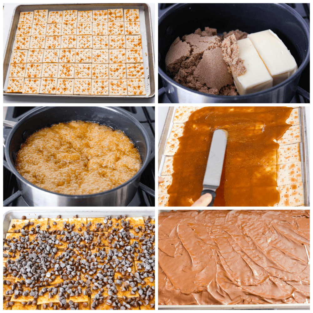 Process photos showing saltine crackers laid out on a pan, then toffee being made in a pot and spread out on top of the crackers, then the chocolate chips melted and spread out.